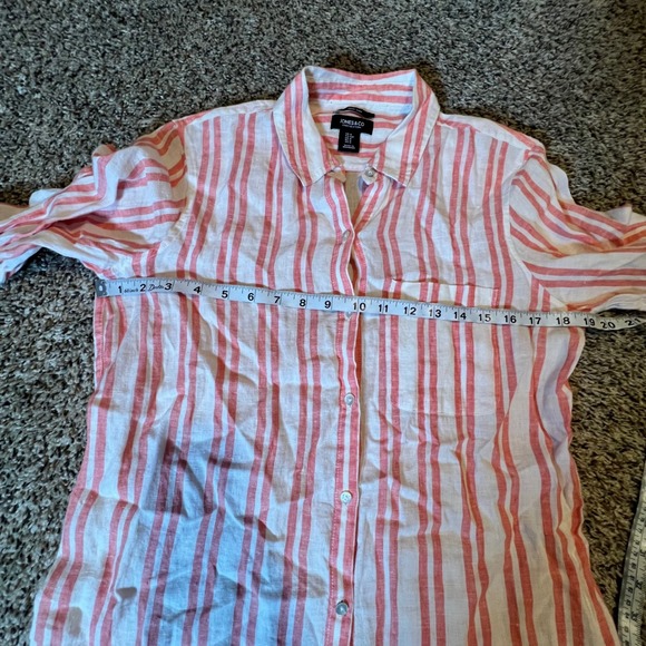 Jones & Co Linen Stripe Button Down Shirt Women Size S Red White Roll Tab Sleeve - Picture 5 of 7